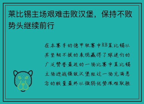 莱比锡主场艰难击败汉堡，保持不败势头继续前行