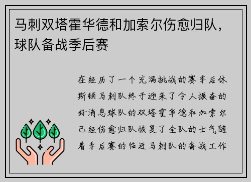 马刺双塔霍华德和加索尔伤愈归队，球队备战季后赛