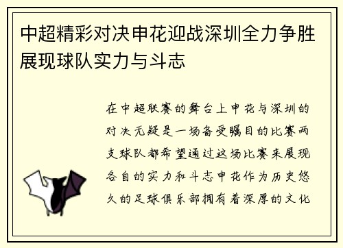中超精彩对决申花迎战深圳全力争胜展现球队实力与斗志
